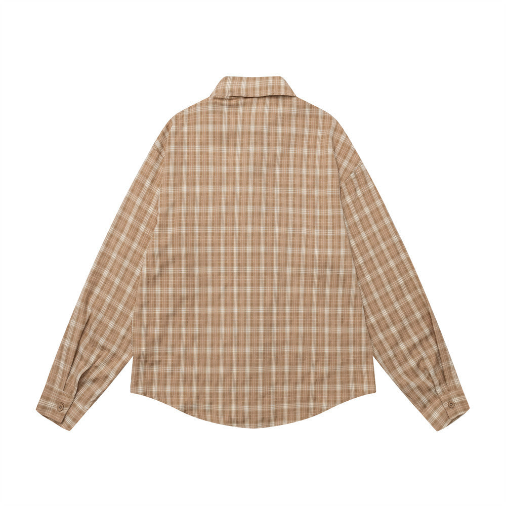 Grünes Karohemd für Herren mit Katzenstickerei – Oversized, Langarm, Button-down