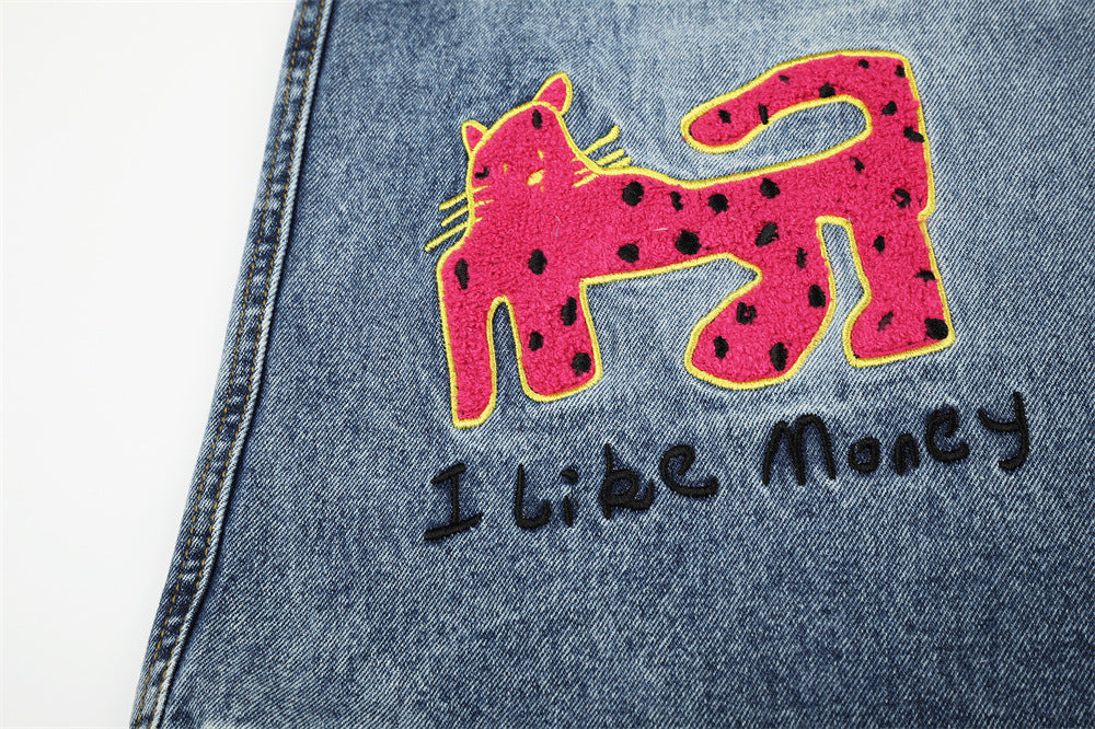 Cartoon Cat Embroidered Denim Shorts – Men's Wide Leg Vintage Washed Jean Shorts