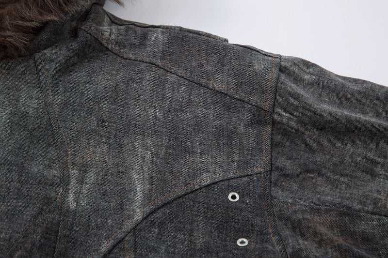Washed Denim Bomber Jacket with Faux Fur Hood – Vintage American Style
