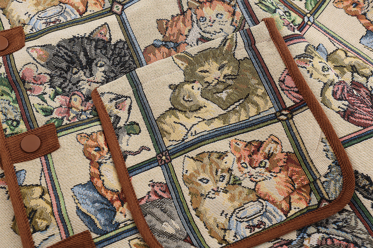 Vintage Cat Jacquard Tapestry Jacket – Retro American Cartoon Print Outerwear
