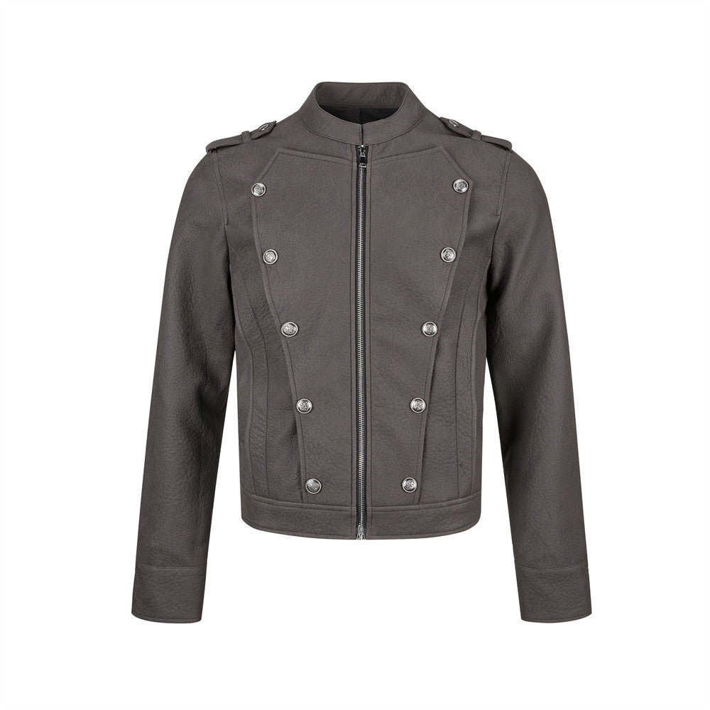 Men's Faux Leather Military Jacket – Double-Breasted Stand Collar Short Coat