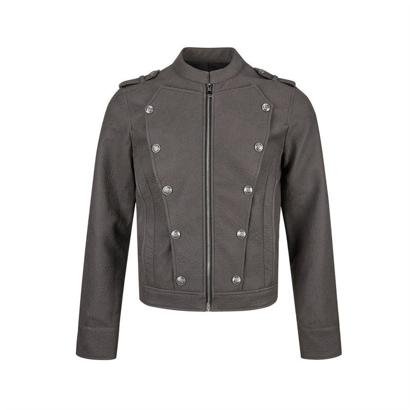 Men's Faux Leather Military Jacket – Double-Breasted Stand Collar Short Coat