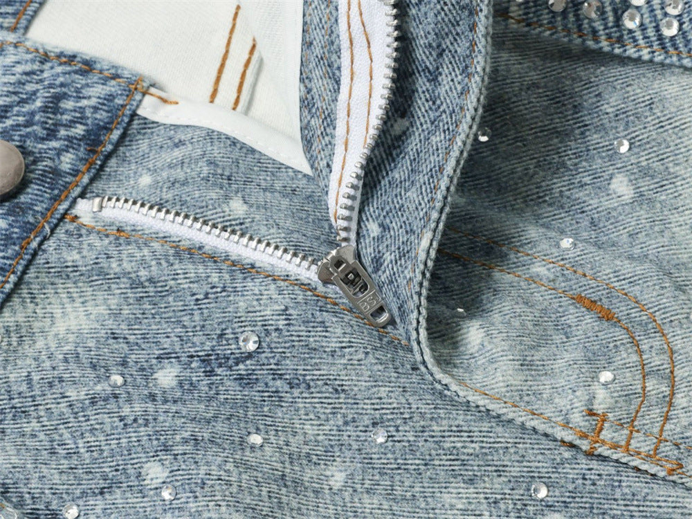 Y2K Baggy Jeans Mens Wide-Leg Rhinestone Embellished Denim Pants