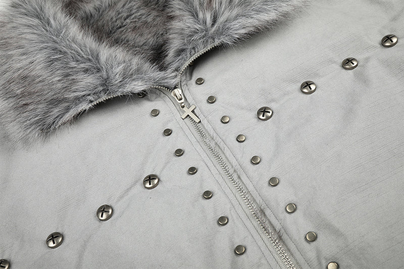 Studded Faux Fur Collar Bomber Jacket – Padded Moto-Inspired Winter Coat