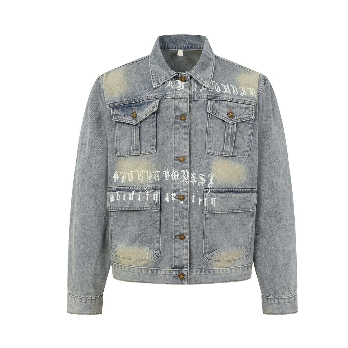 Veste boxy en jean gris délavé avec imprimé Old English et effet délavé à la javel, vues de face et de dos