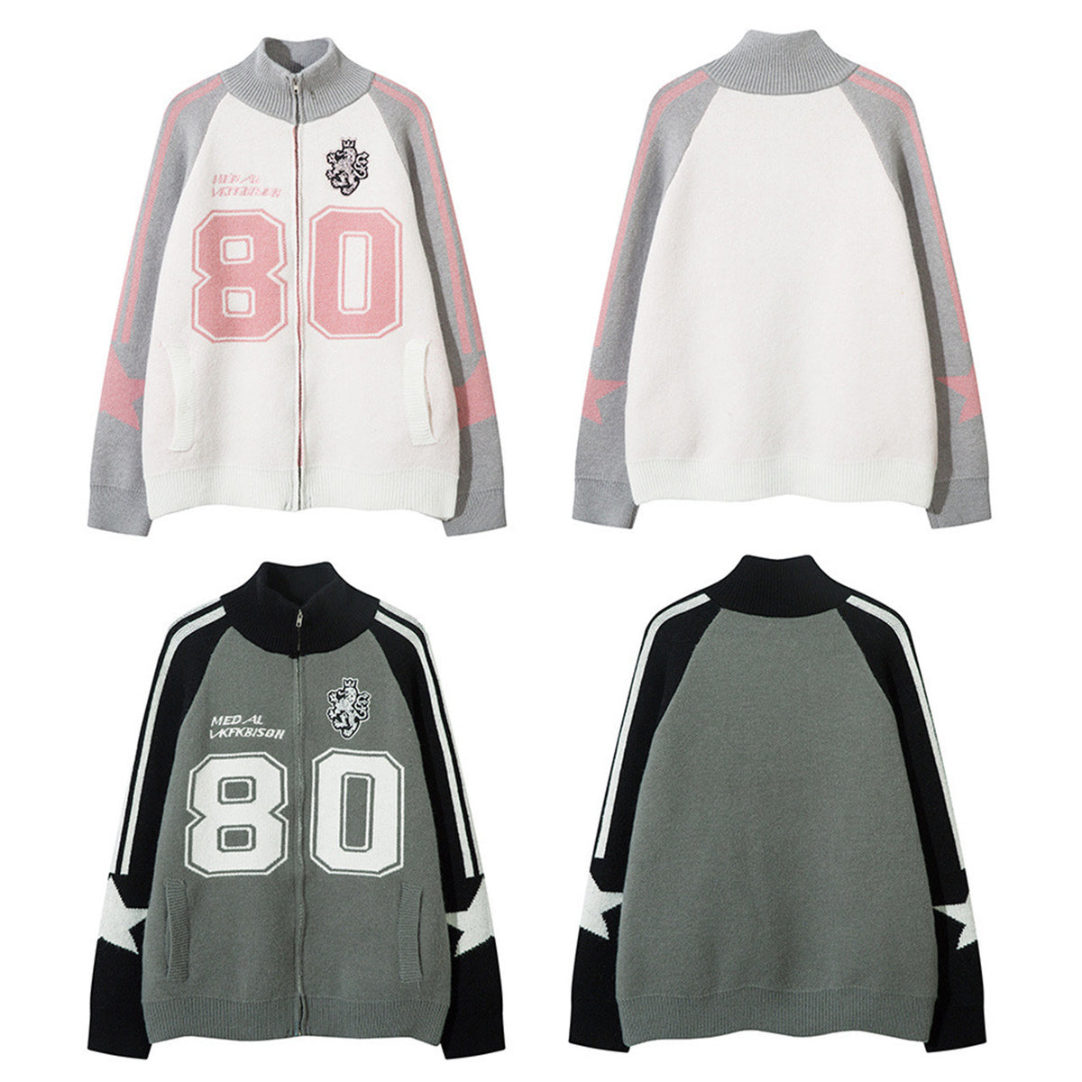 Varsity Knit Zip Cardigan – Colorblock Number 80 Retro Athletic Sweater Jacket