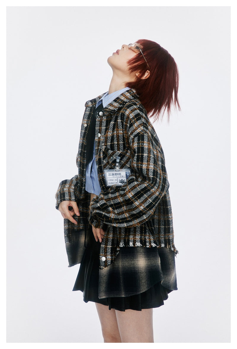 Vintage Plaid Patchwork Fringe Jacket – Oversized Unisex Overshirt
