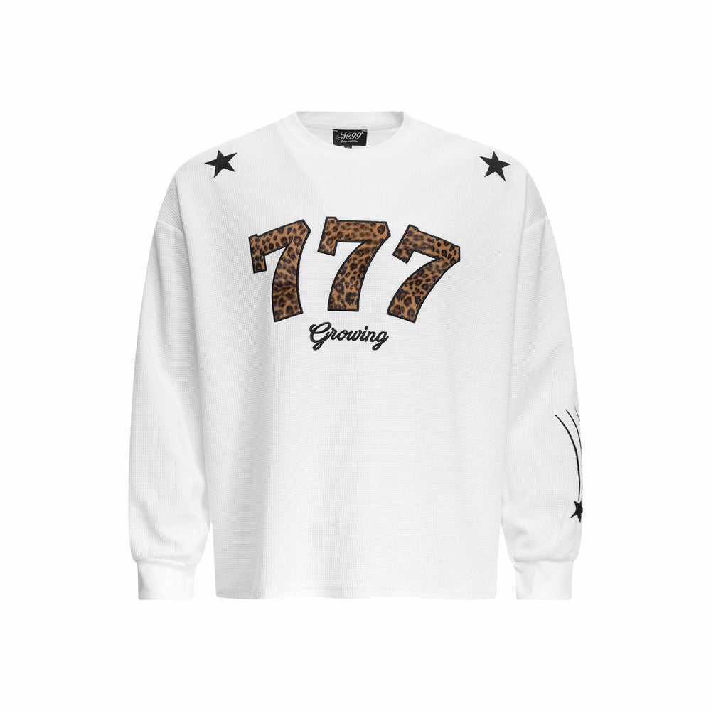 Long Sleeve Men T-Shirt 777 Leopard Print Waffle Knit Crewneck