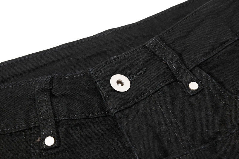 Men's Black Double Waistband Bell Bottom Flare Jeans with Diagonal Zipper
