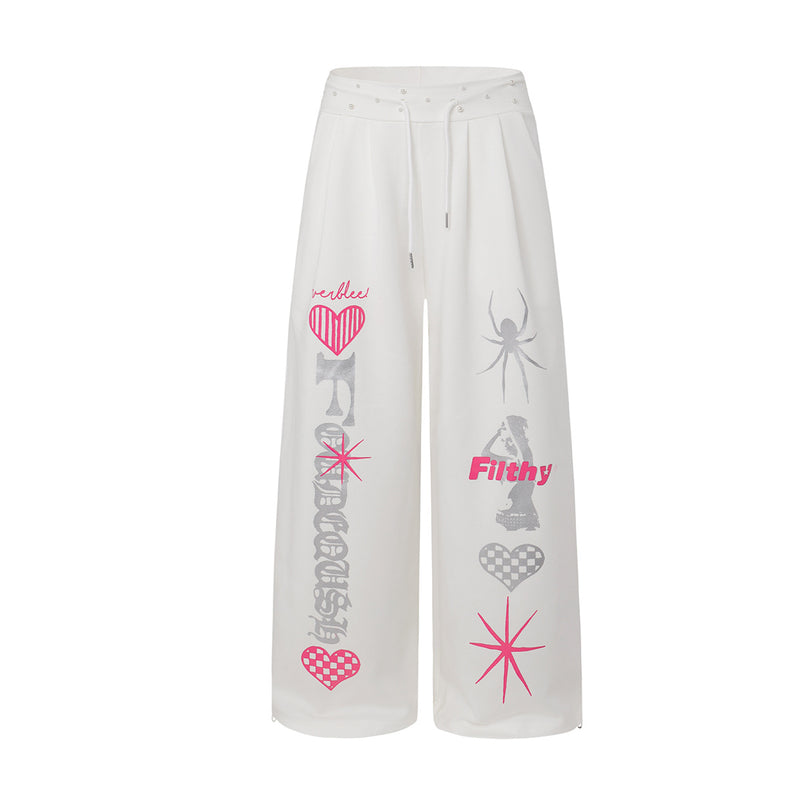 High-Waist-Hose mit weitem Bein – Streetwear-Hose mit Gothic-Grafikprint