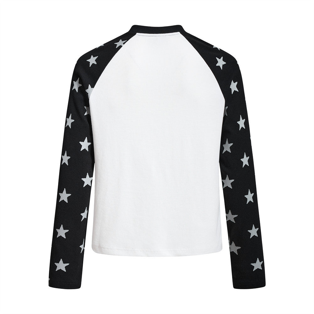 Long Sleeve Shirt Women Cowboy Star Print Raglan Waffle Knit Top