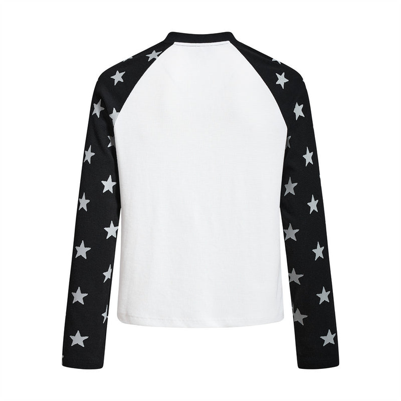 Long Sleeve Shirt Women Cowboy Star Print Raglan Waffle Knit Top