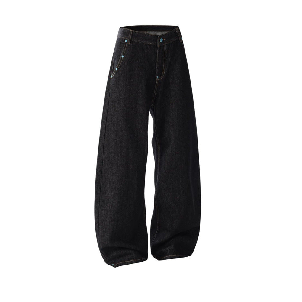 Wide-Leg Barrel Jeans – Turquoise Stud Detail, Curved Silhouette