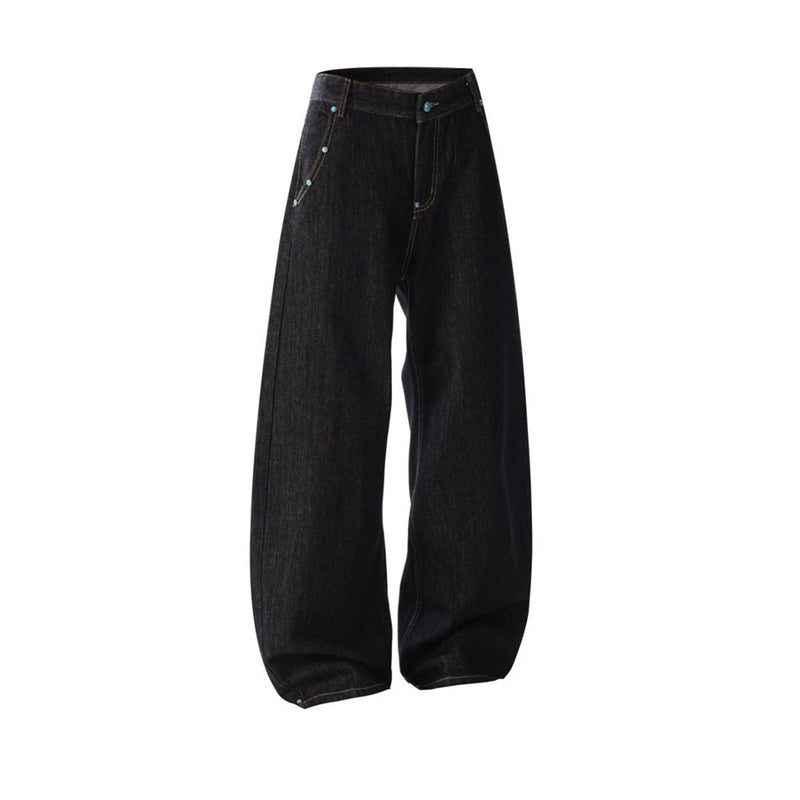 Wide-Leg Barrel Jeans – Turquoise Stud Detail, Curved Silhouette