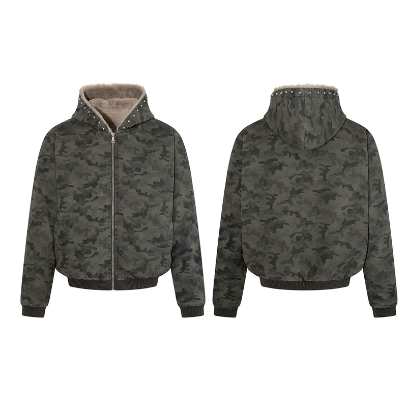 Camo Sherpa-Lined Hooded Bomber Jacket with Studded Hood