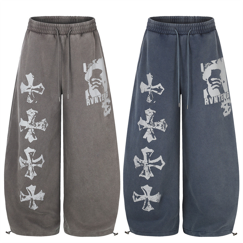Wide-Leg Sweatpants with Vintage Cross Print & Acid Wash Finish
