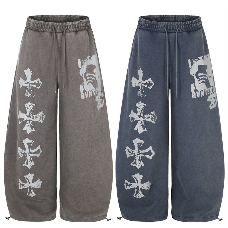 Wide-Leg Sweatpants with Vintage Cross Print & Acid Wash Finish