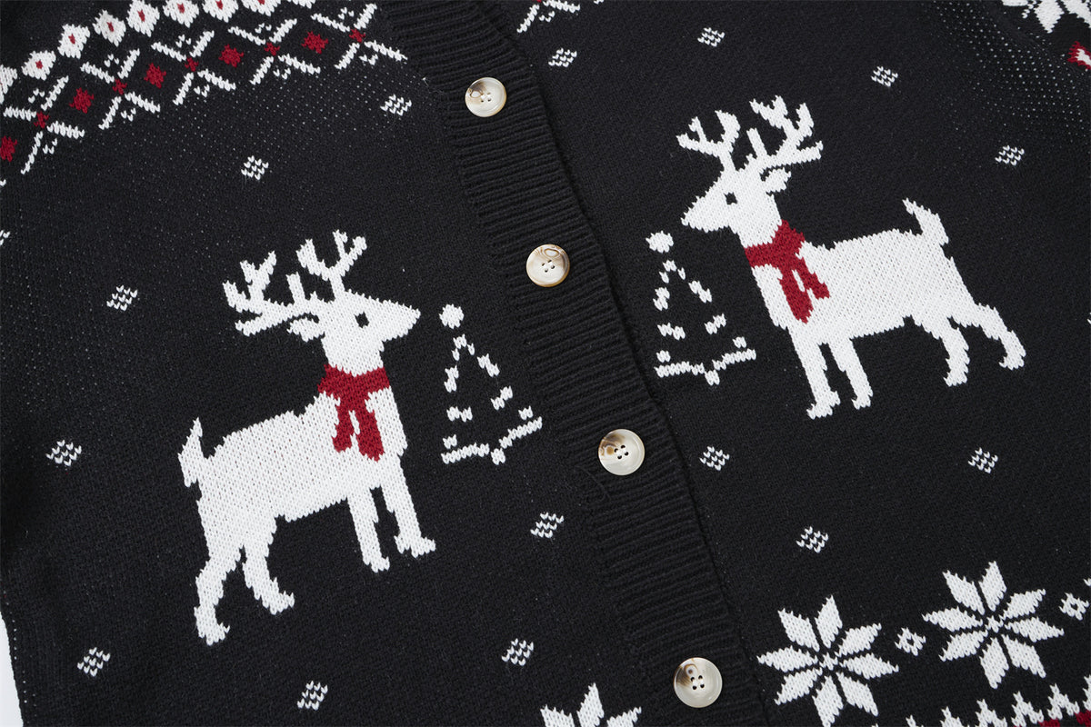 Christmas Reindeer Snowflake Knit Cardigan Sweater – Turtleneck Button-Front