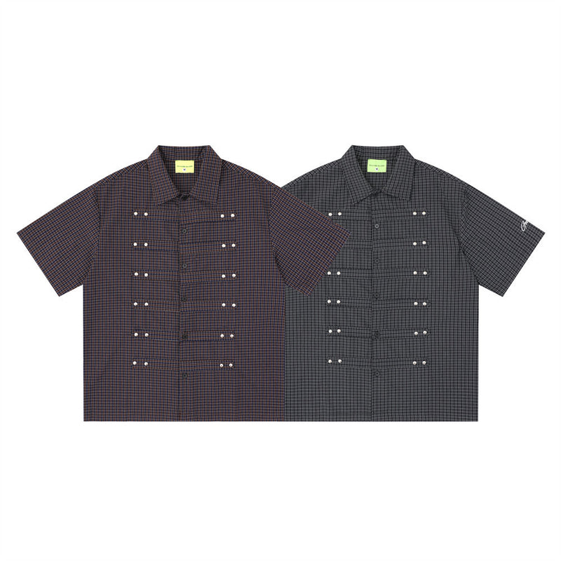 Plaid Short Sleeve Shirt with Pearl Studs – Oversized Hip Hop Streetwear