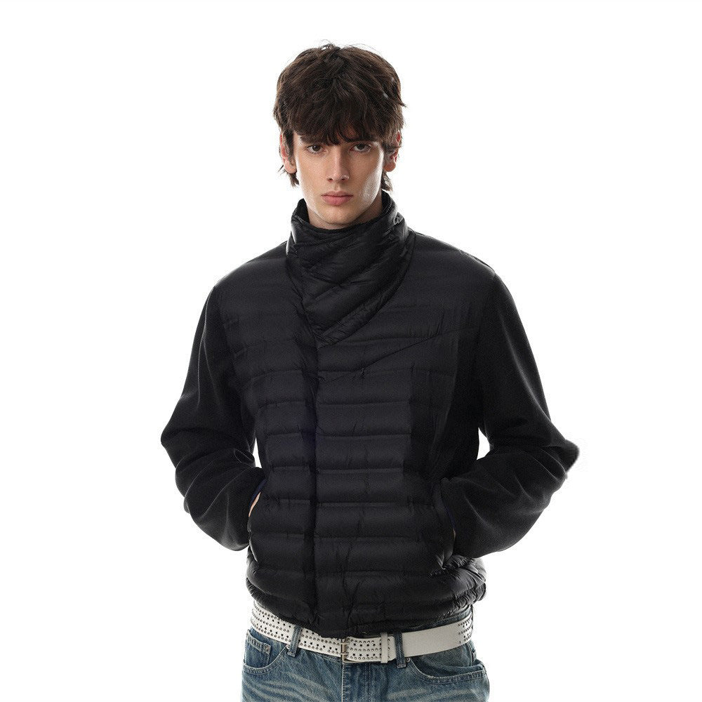 Men's asymmetric stand collar quilted down jacket in black with diagonal placket and smooth sleeves