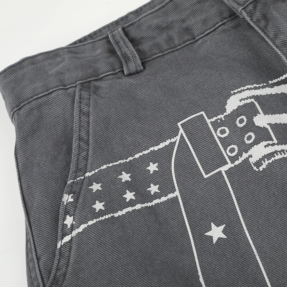 Cargo Pants for Men Wide Leg Multi-Pocket Punk Belt Print Street Style