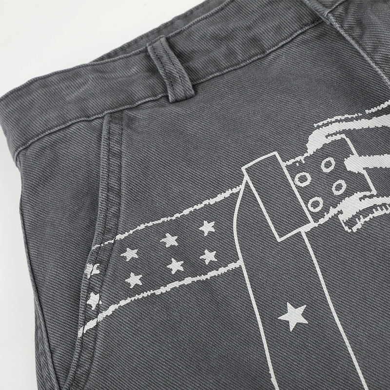 Cargo Pants for Men Wide Leg Multi-Pocket Punk Belt Print Street Style