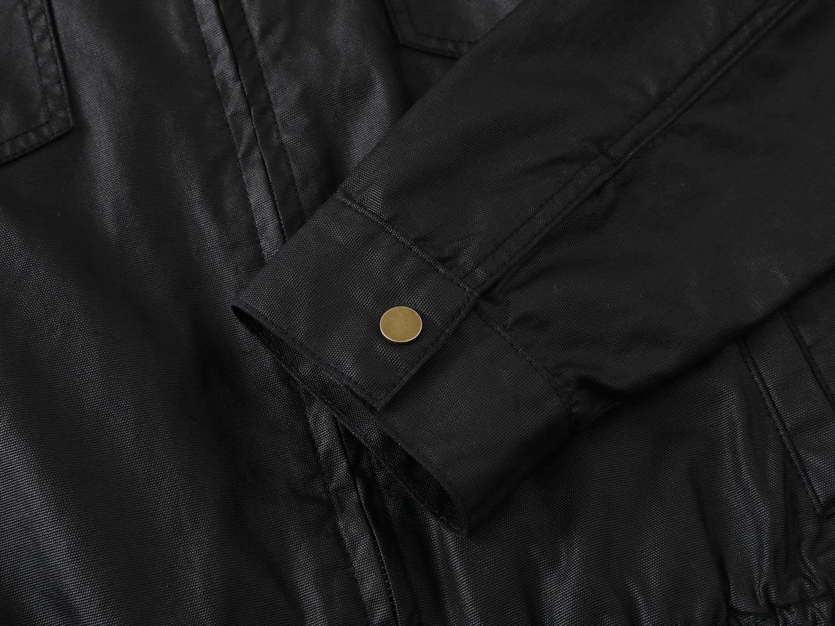Wax-Coated Denim Jacket – Boxy Fit with Gold Stud Cross Back Detail