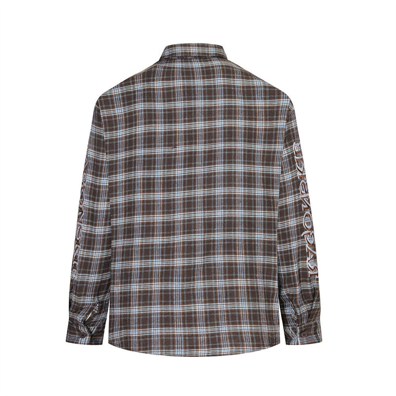 Plaid Long Sleeve Button-Up Shirt with Gothic Letter Embroidery