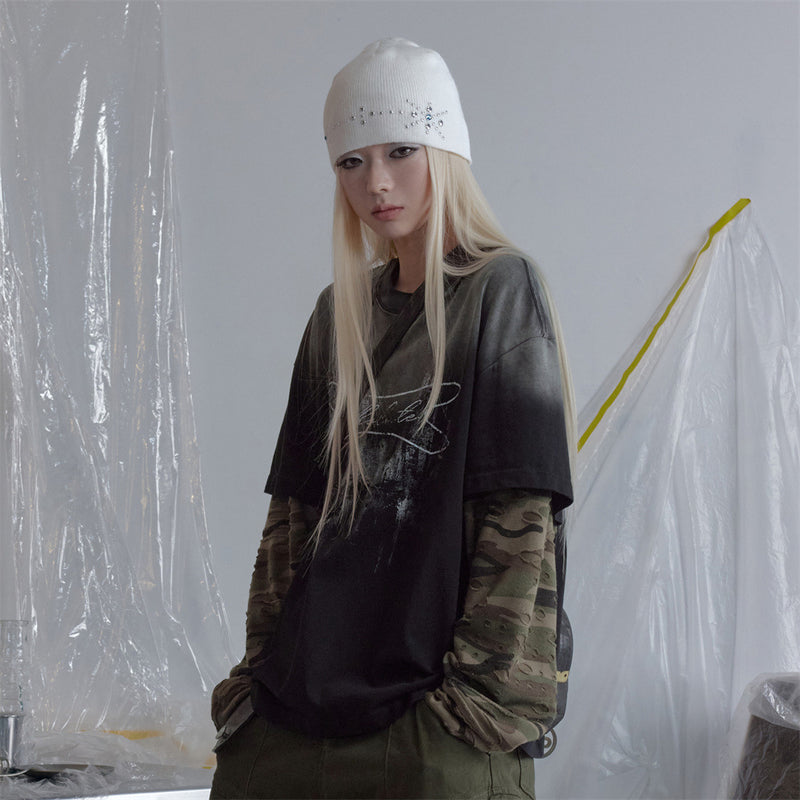 Oversized Faux-Layer Long Sleeve Tee with Camo Splice & Distressed Washed Print