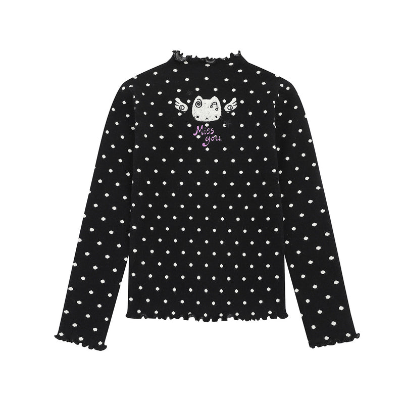 Polka Dot Mock Neck Knit Sweater Top with Cat Embroidery & Lettuce Hem