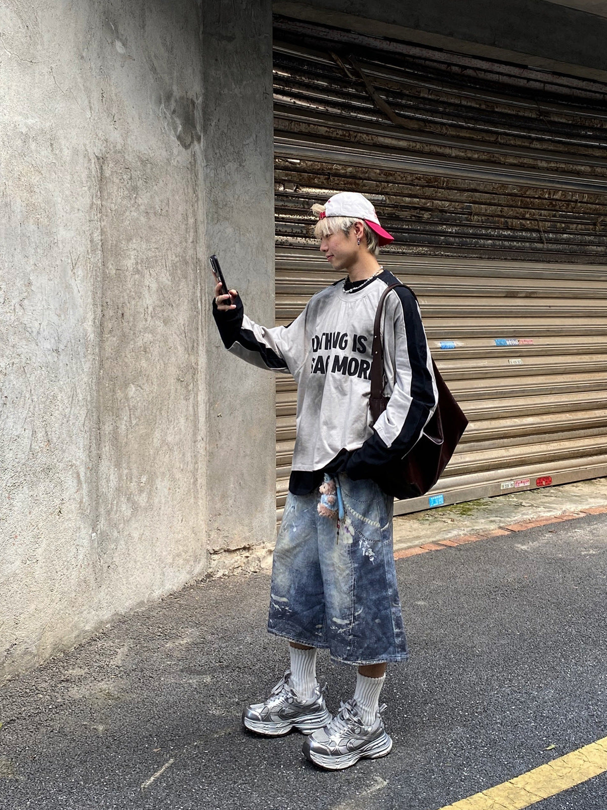 T-shirt graphique color-block à manches longues – Haut streetwear oversize bicolore délavé
