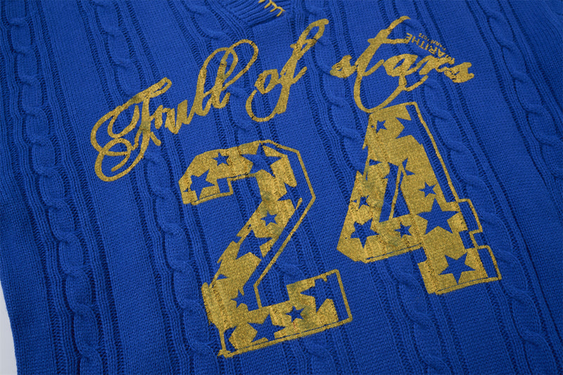 Cable Knit V-Neck Sweater – Varsity '24 Star Graphic, Relaxed Unisex Fit