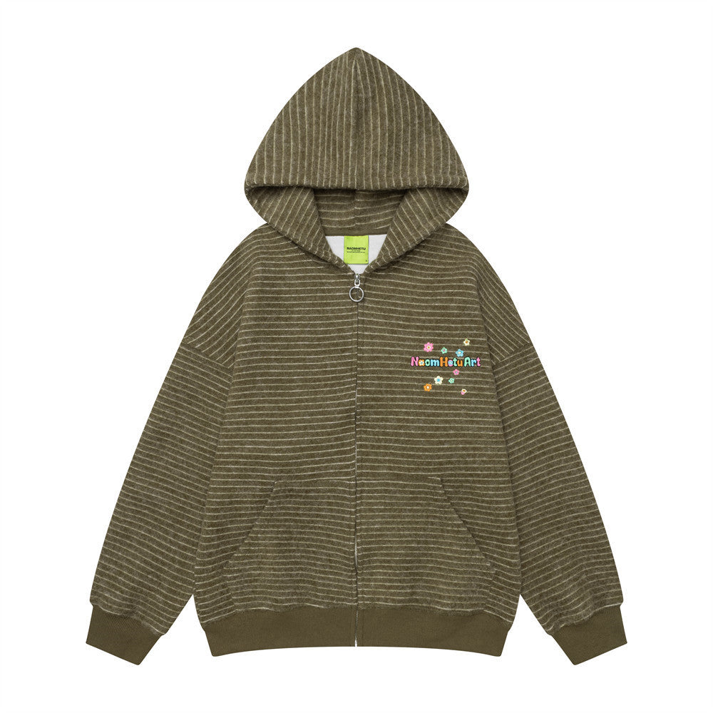 Oversized striped zip-up hoodie in olive with multicolor embroidered logo, front view