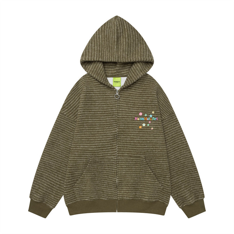 Oversized striped zip-up hoodie in olive with multicolor embroidered logo, front view