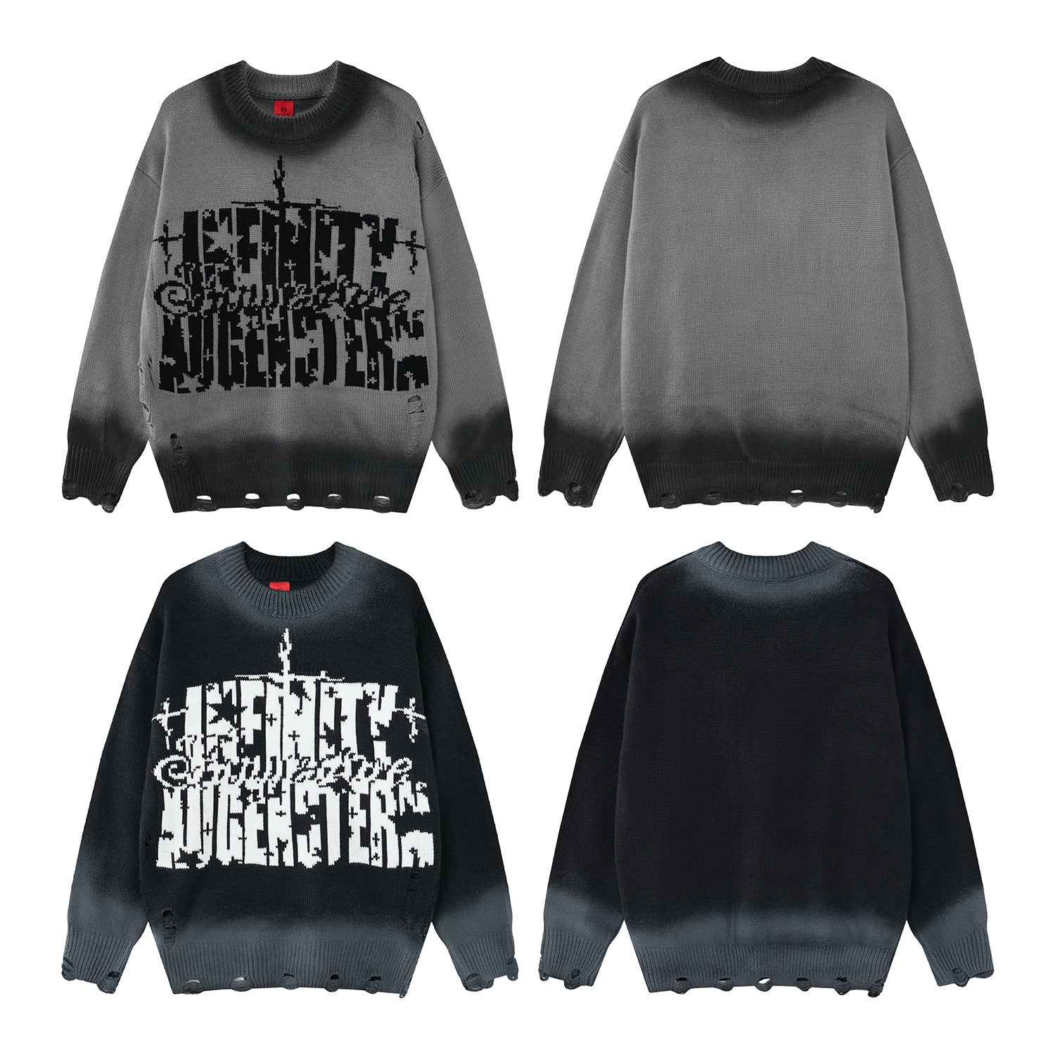 Pull col rond en maille – Graffiti usé, dégradé délavé à l’acide