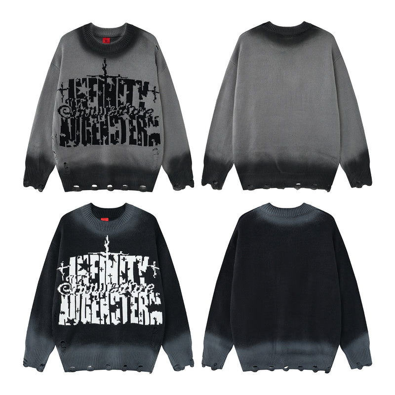 Pull col rond en maille – Graffiti usé, dégradé délavé à l’acide
