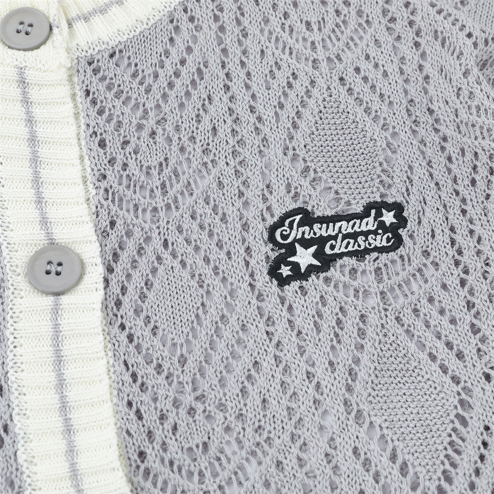 Cardigan en maille ajourée à col rond pour homme – Texture losanges, coupe décontractée