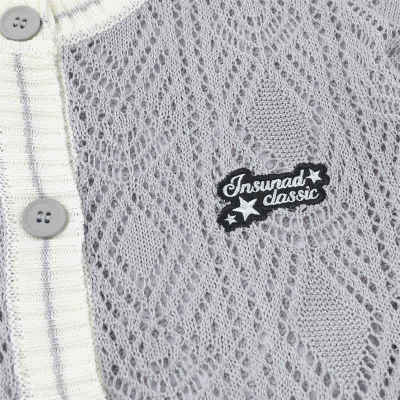 Cardigan en maille ajourée à col rond pour homme – Texture losanges, coupe décontractée
