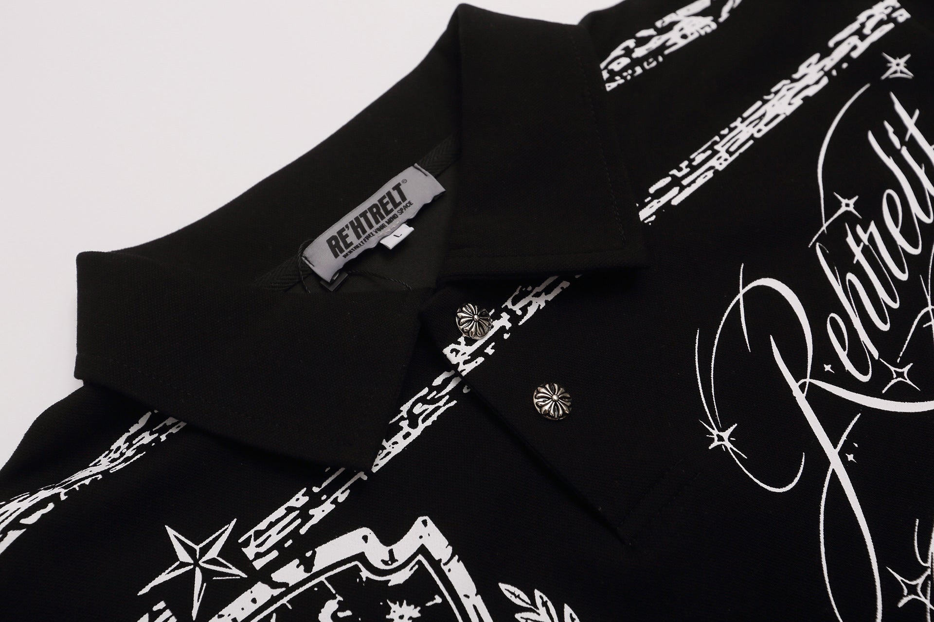 Rehtrelt Faux Two-Piece Long Sleeve Polo Shirt – Crest Graphic Hip-Hop Top