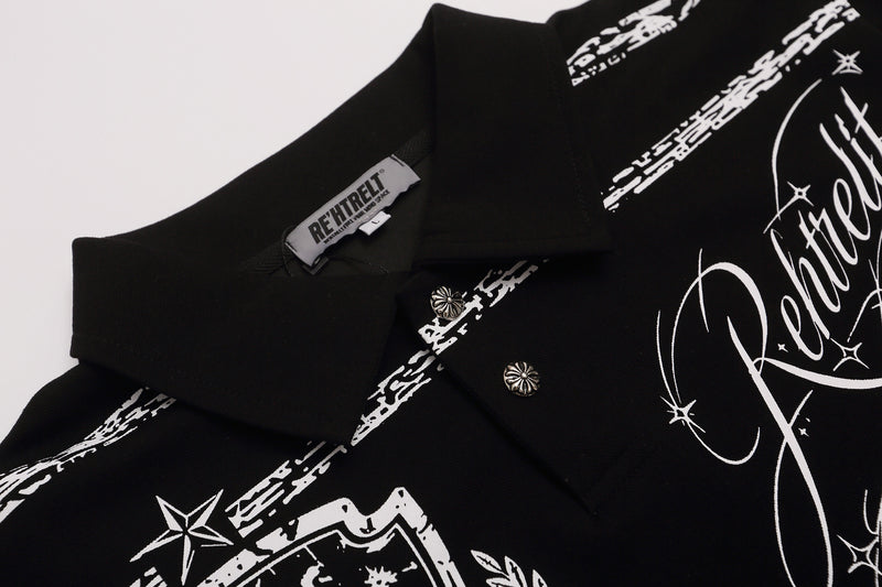 Rehtrelt Faux Two-Piece Long Sleeve Polo Shirt – Crest Graphic Hip-Hop Top