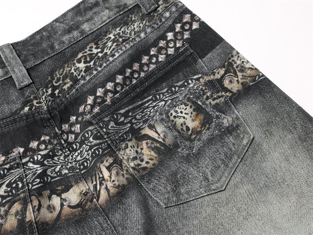 Baggy Wide-Leg Jeans – Paisley Graphic Waistband, Acid-Washed Grey Denim
