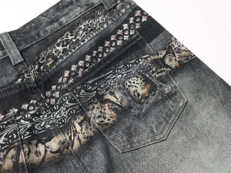 Baggy Wide-Leg Jeans – Paisley Graphic Waistband, Acid-Washed Grey Denim