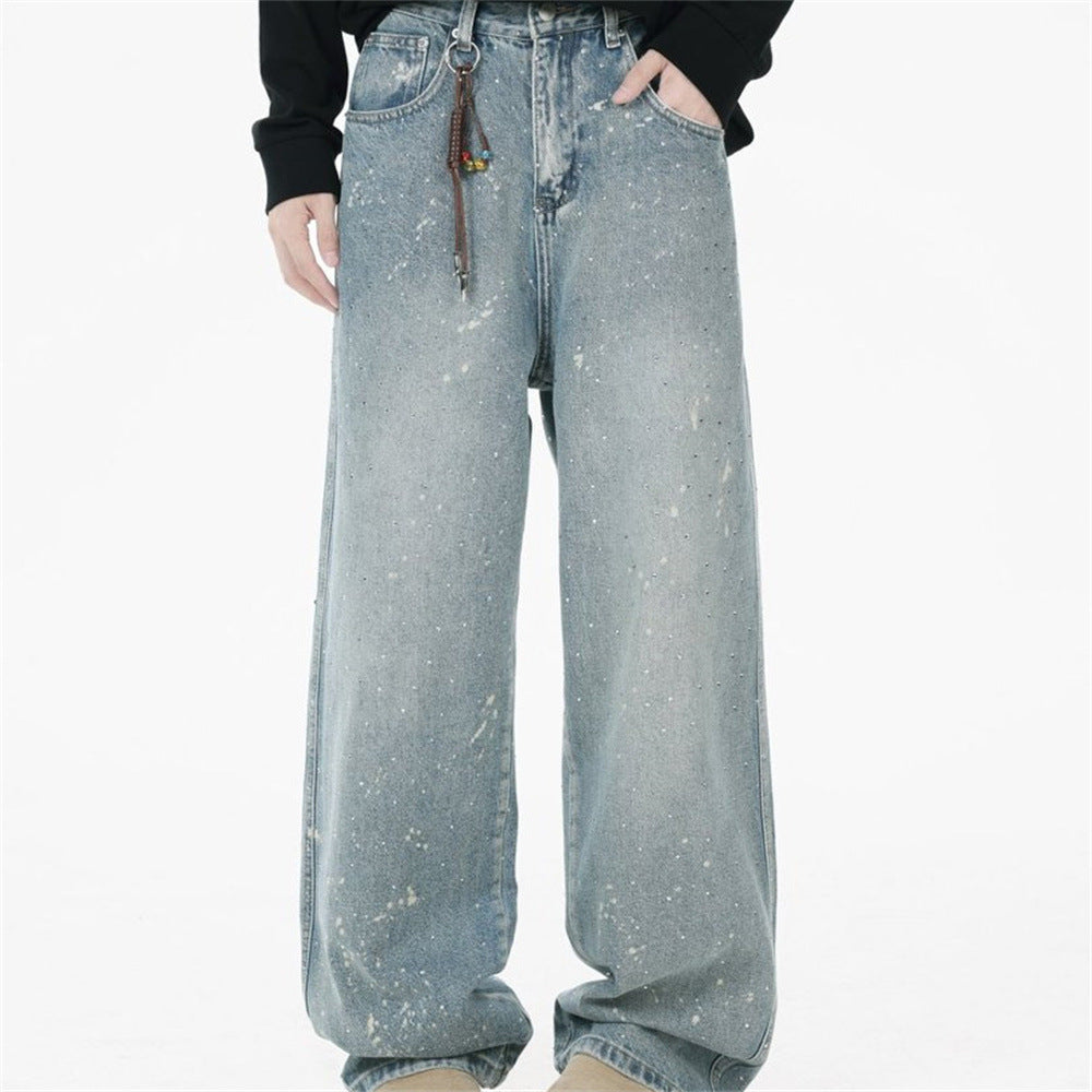Wide-Leg Paint Splatter Jeans – Men's High-Street Light Blue Washed Denim