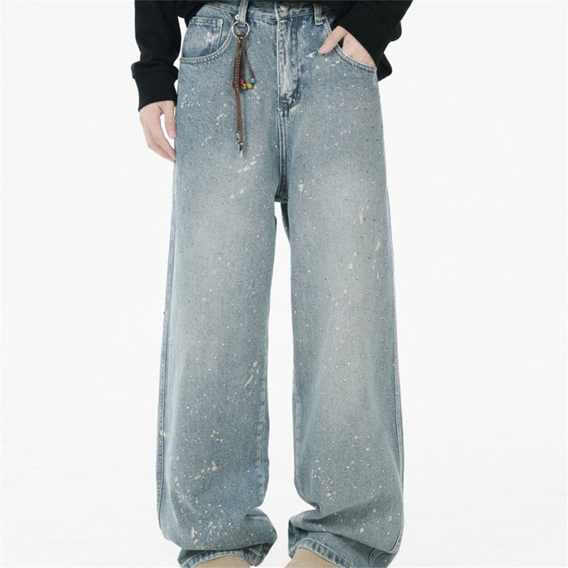 Wide-Leg Paint Splatter Jeans – Men's High-Street Light Blue Washed Denim