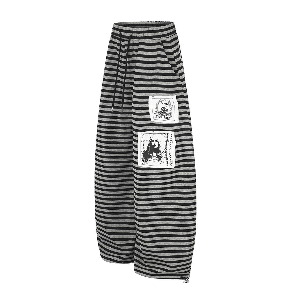 Gestreifte Wide-Leg-Hose mit Motiv-Patches – Relaxed-Fit-Hose mit Kordelzug