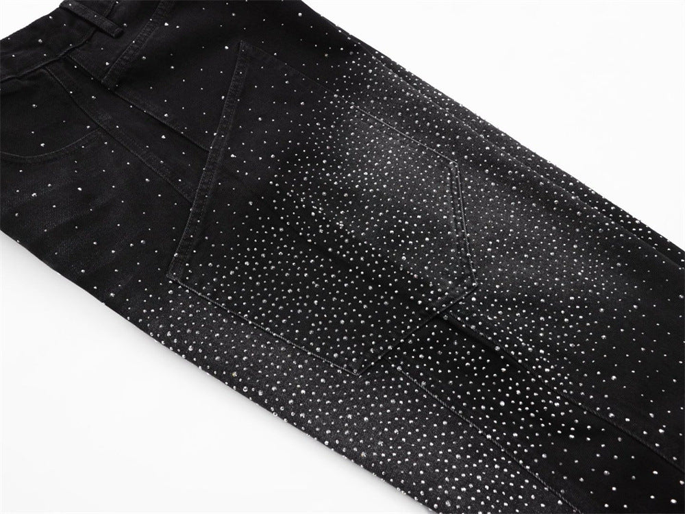 Rhinestone Wide-Leg Jeans – Men's Distressed Denim with Large Cargo Pockets &
