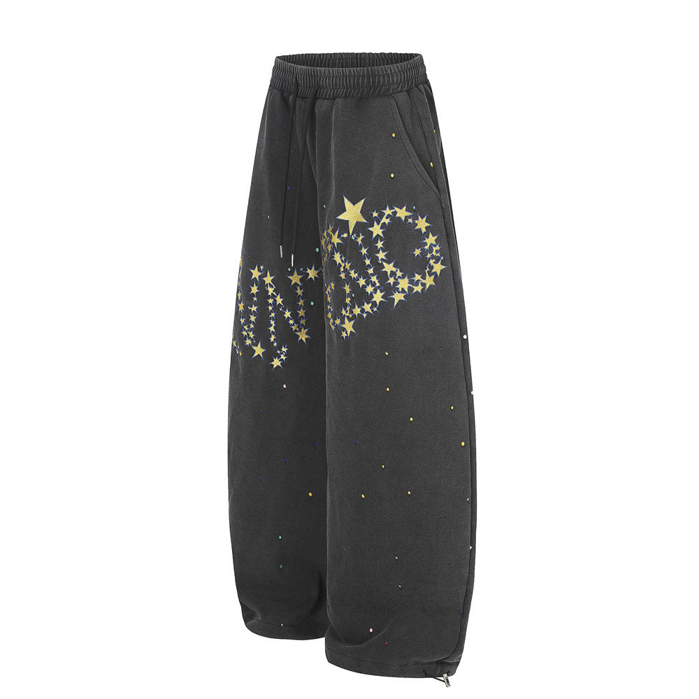 Pantalones de Chándal de Pierna Ancha con Estrellas Bordadas – Pantalones Streetwear Baggy Lavados al Ácido