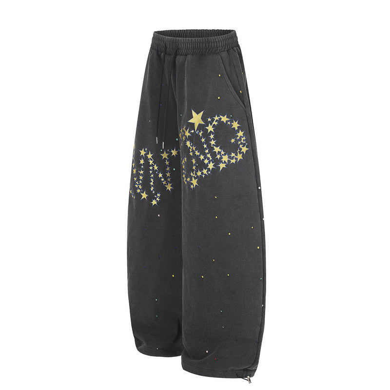 Pantalones de Chándal de Pierna Ancha con Estrellas Bordadas – Pantalones Streetwear Baggy Lavados al Ácido