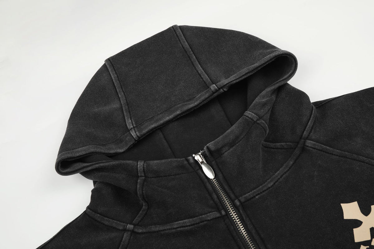 Cross Print Washed Zip-Up Hoodie – Cropped Black Streetwear Jacket