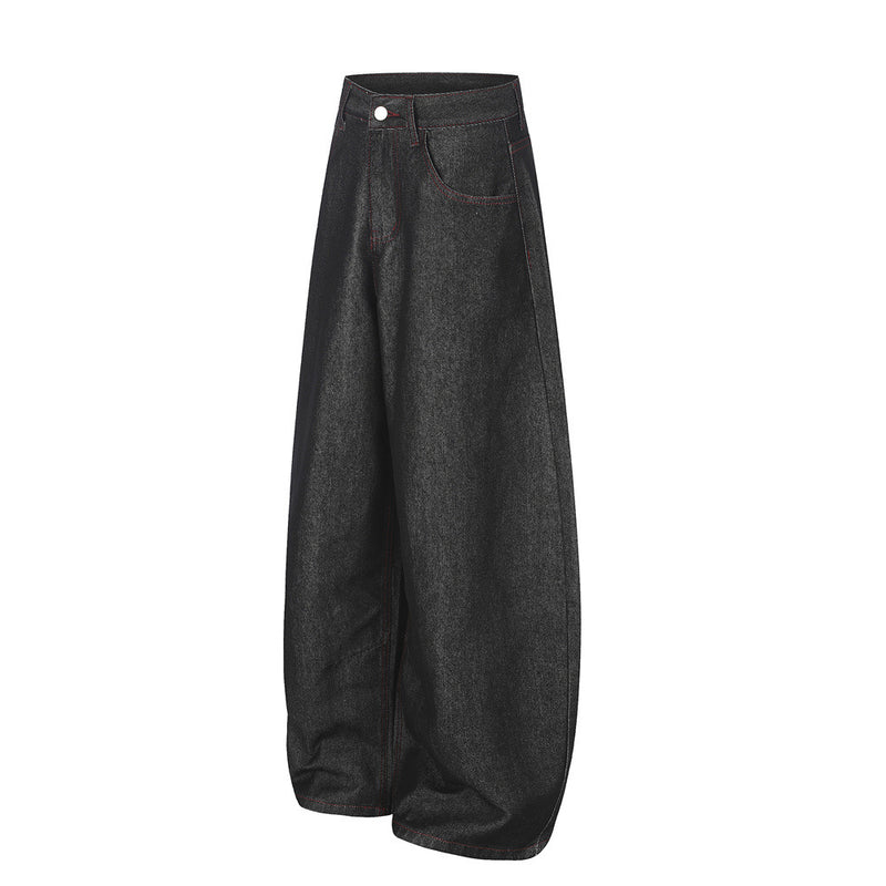 Wide-Leg Barrel Jeans – Men's High-Street Curved Silhouette with Red Stitching
